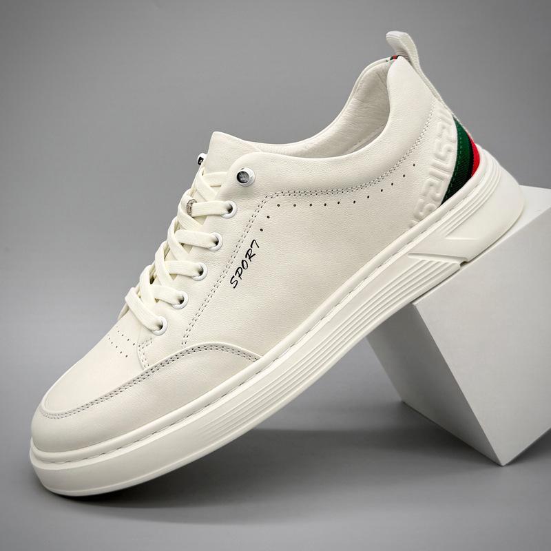 Men's Genuine Cowhide Casual Skate Shoes - Versatile, Lightweight, Breathable White Leather for Autumn Trend.