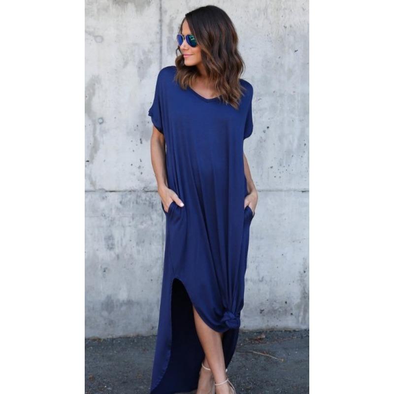 JPNTKY Fashion Summer Spring Solid Color Print Short Sleeve V-Neck Casual Dresses