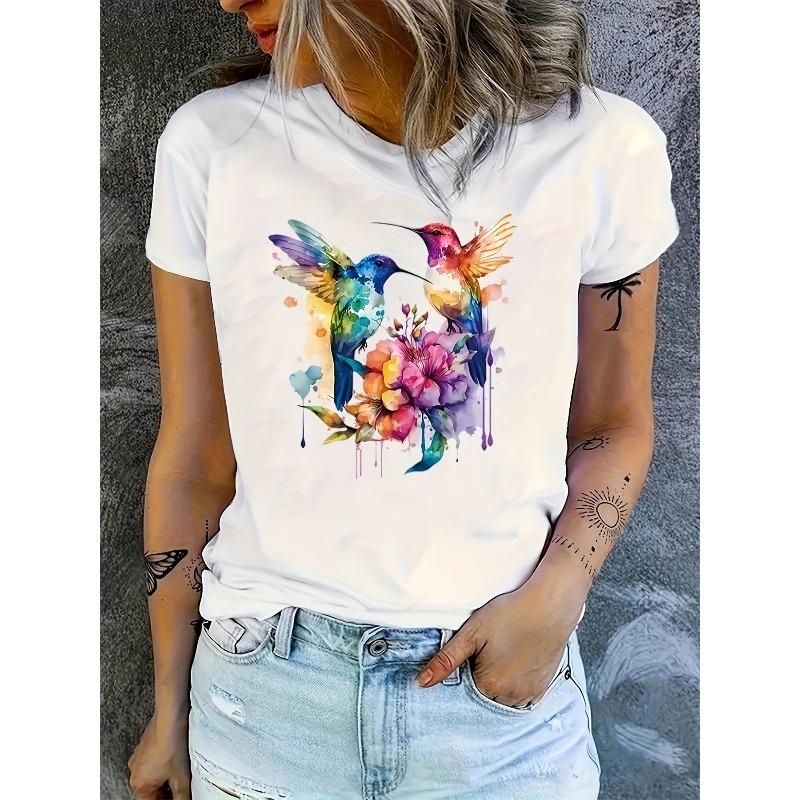 European Size Women's Casual Short Sleeve T-Shirt - Vibrant Hummingbird & Floral Geometric Print, Breathable Round Neck Top for Spring Summer Fall