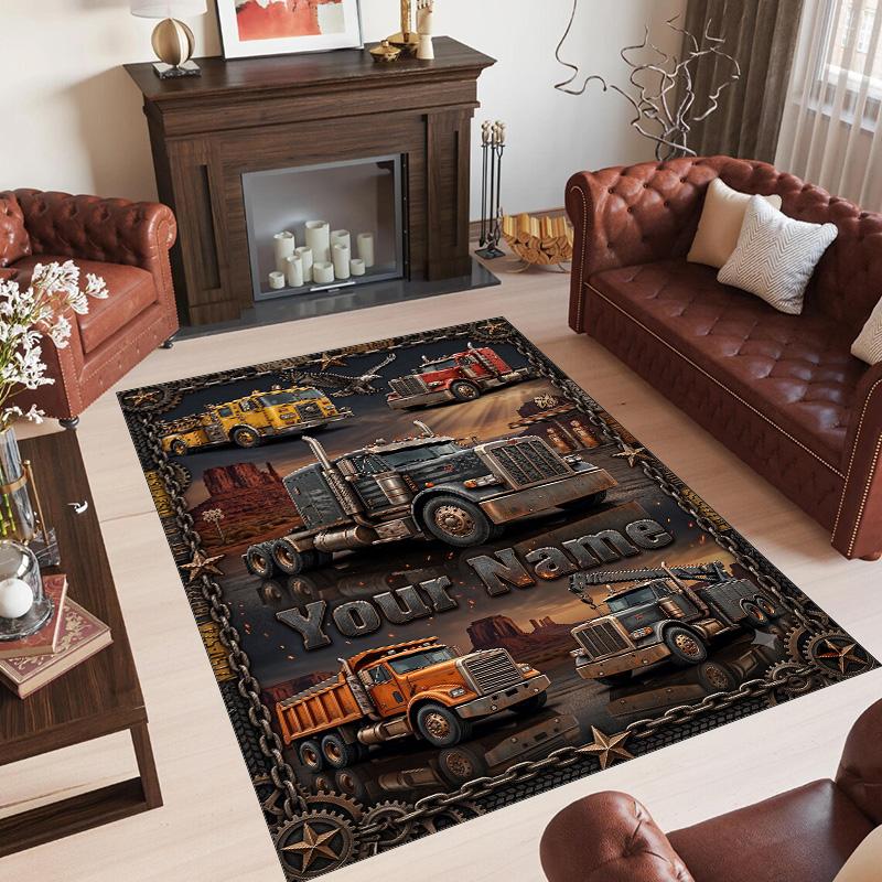 Truck Theme Crystal Velvet Rug Personalized Custom Name Text Soft Floor Mat Home Decor
