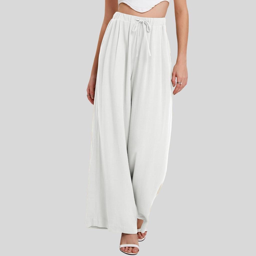 Damen Sommerhose aus Baumwollleinen mit weitem Bein, lässig, locker, Kordelzug, hohe Taille, Palazzo-Hose mit Taschen