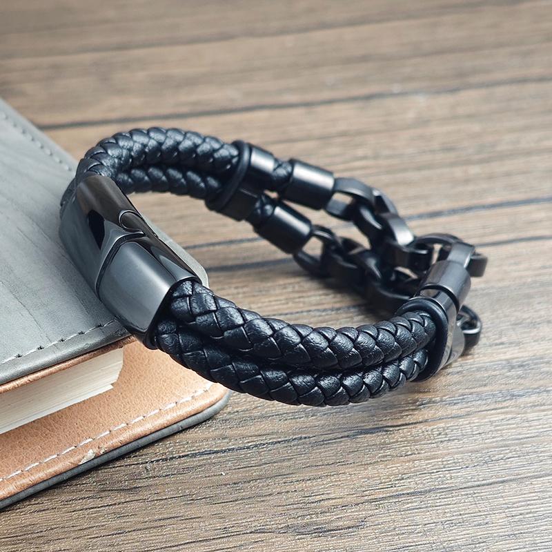 Men's Leather Cuban Chain Style Bangle Stainless Steel Braided Magnetic Buckle Punk Bracelet Homme Hand Accessories Jewelry Gift