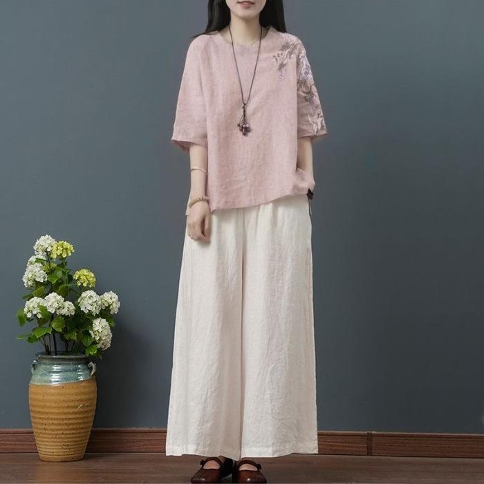 Summer Women's Retro Chinese Style Suit Linen Embroidered Cotton and Linen Tops Women's Short Sleeve T-shirt Cropped Pants Set