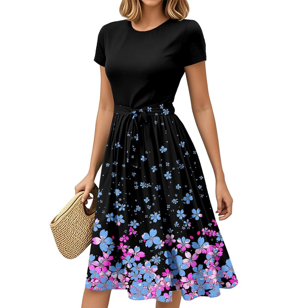 Mote Dame Casual Belte Kortermet Rund Hals Geometrisk Trykk Spleiset Elegant Temperament Kjoler
