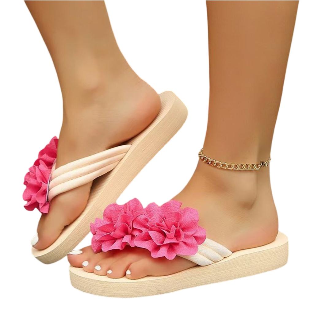 Women's Summer Double Flower Comfortable Lightweight Platform Flip Flop Beach Wedge Sandals Slip On Casual Slippers for Outdoor Use