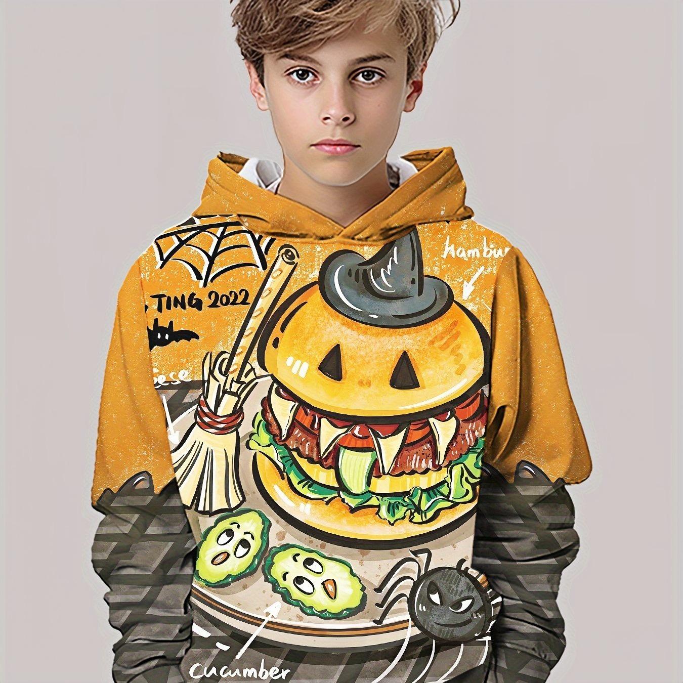 

Boys Fun Halloween Hoodie - Pumpkin Burger Pattern Long Sleeve Hoodie, Suitable for Makeup Parties and Casual Wear 13-14Y