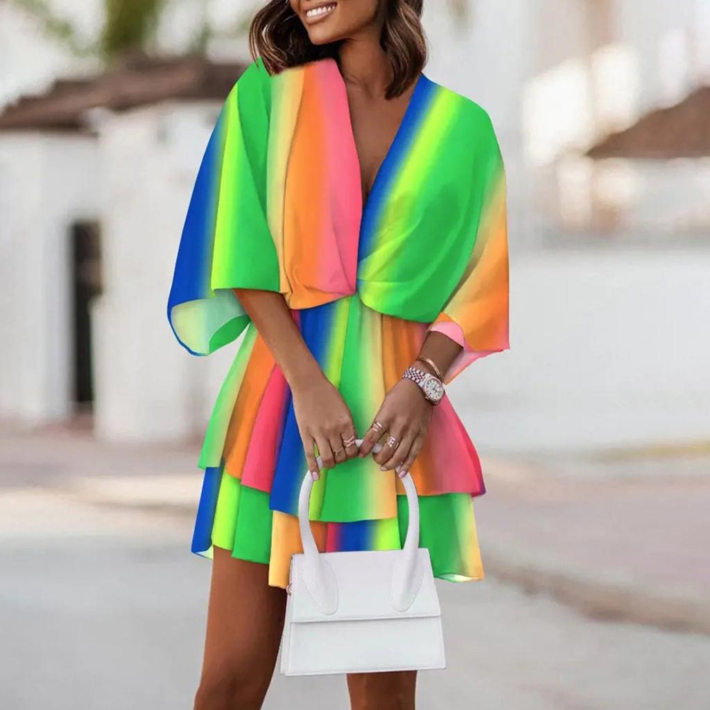 Women's V-Neck Loose 3/4 Sleeve Elastic Waist Printed Dress  Dress Unpositioned Printing