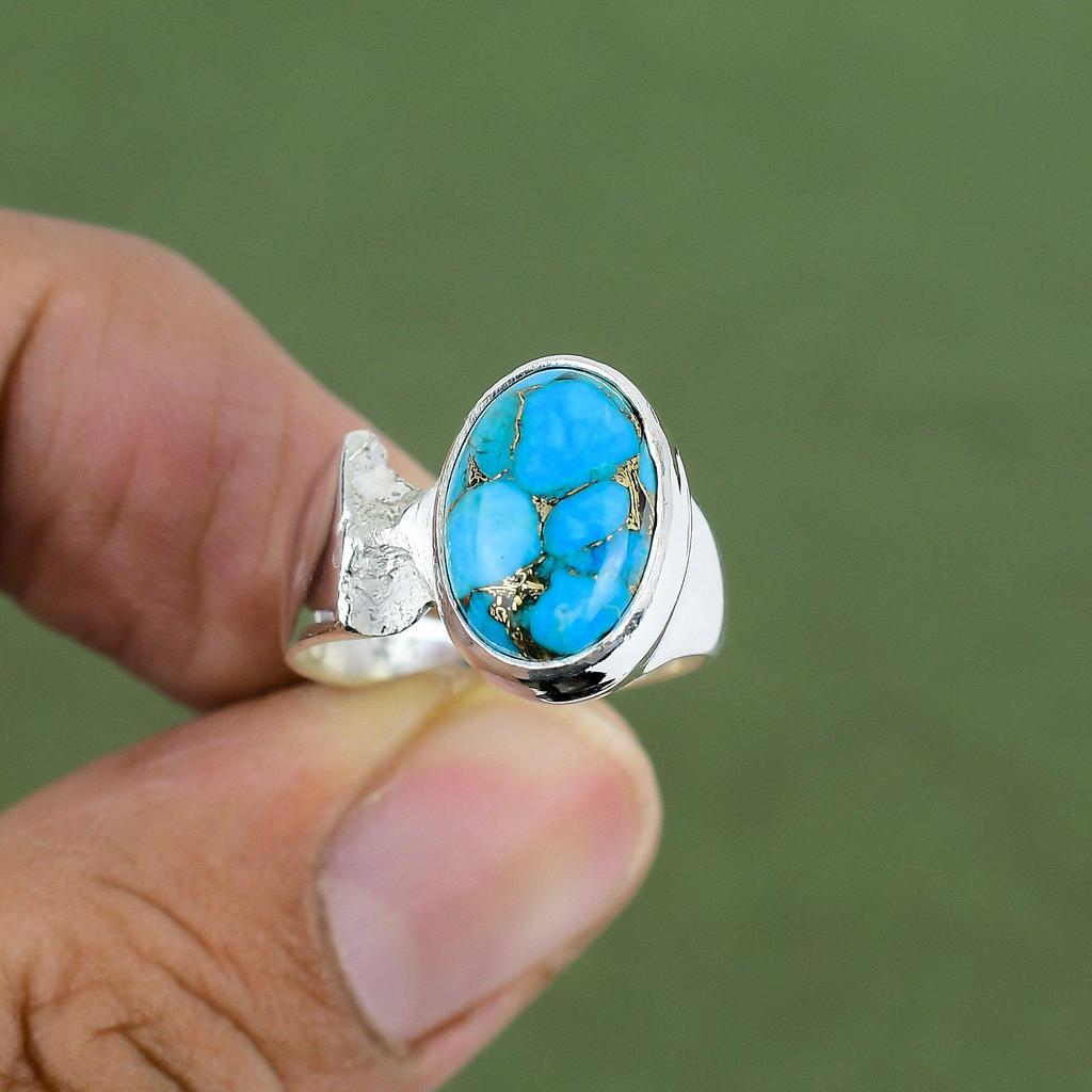 Copper Blue Turquoise Ring 925 Sterling Silver Ring Handmade Jewelry Amazing Ring Decent Gemstone Ring Gift For Women Available In Ring Size