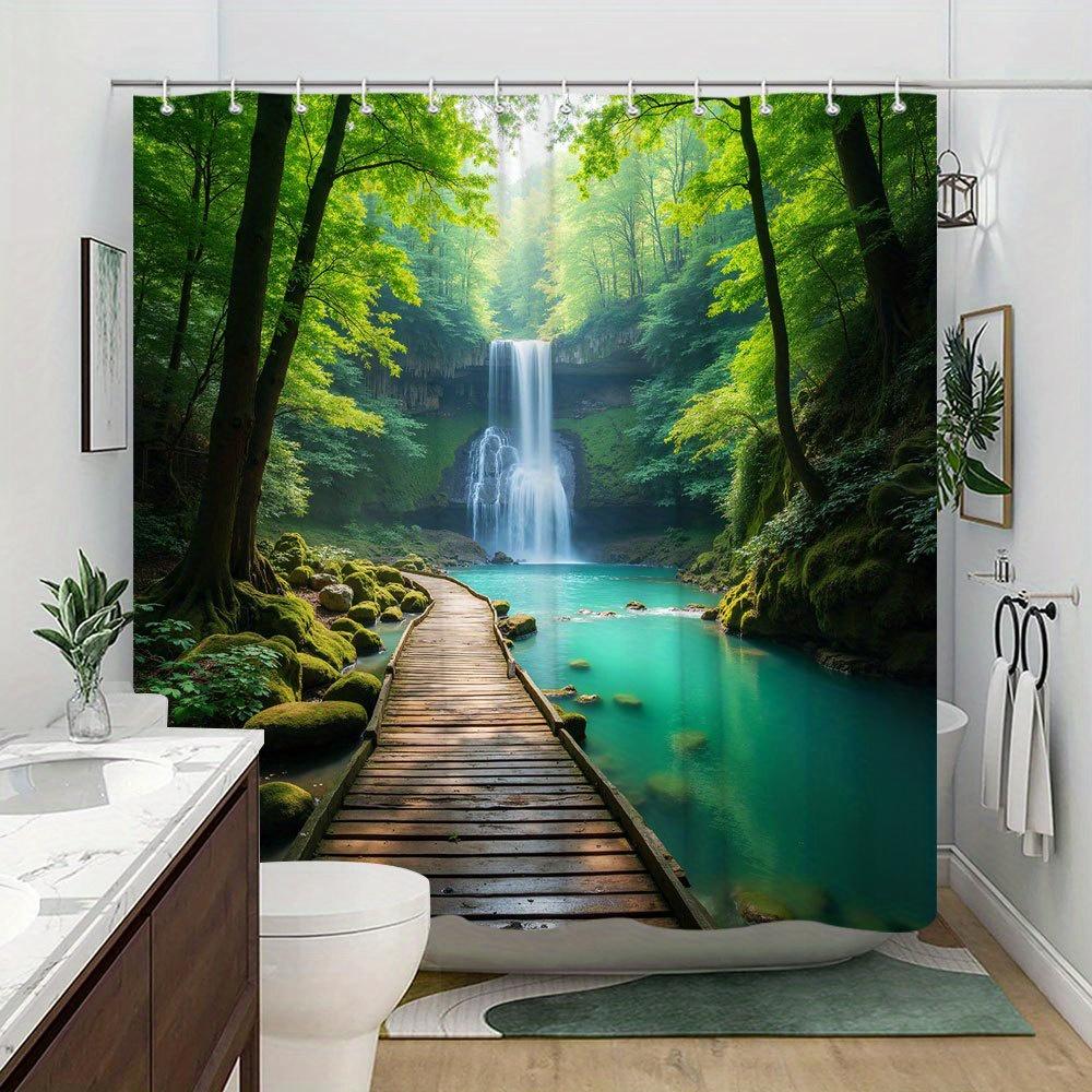 Transform Your Bathroom with this Waterproof Shower Curtain Featuring a Serene Forest Waterfall for Relaxation