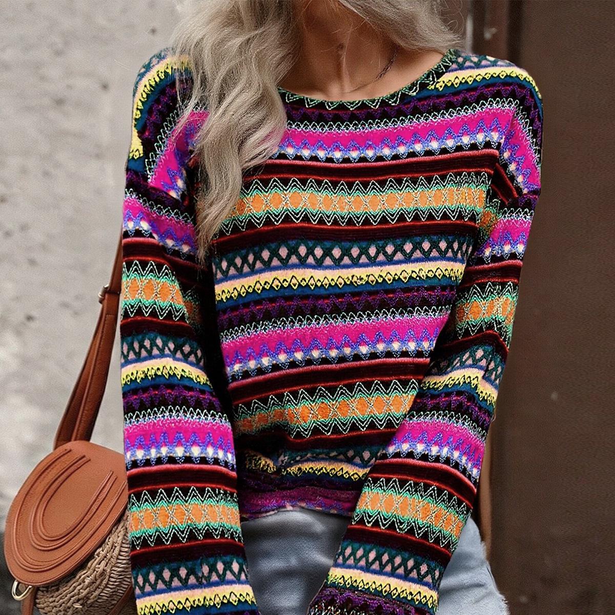 2025 Autumn Women s Casual Loose Striped Top - Comfortable & Stylish Small фиолетовый