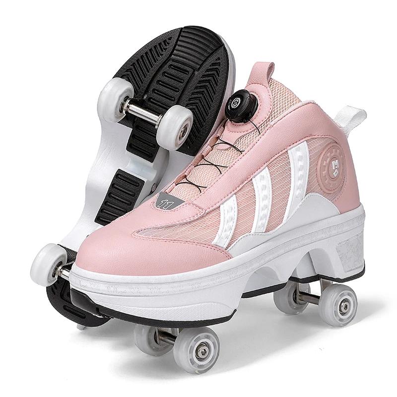 Girls Pink Roller Skate Shoes Sneakers With Wheels Children Rollerskates Fashion Outdoor Sports Shoes Girls Gifts