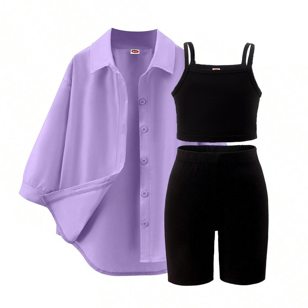 Girls' Leisure Suit Spring and Autumn Children's Solid Color Suspenders + Quarter Pants + Long Sleeve Jacket Three-piece Set