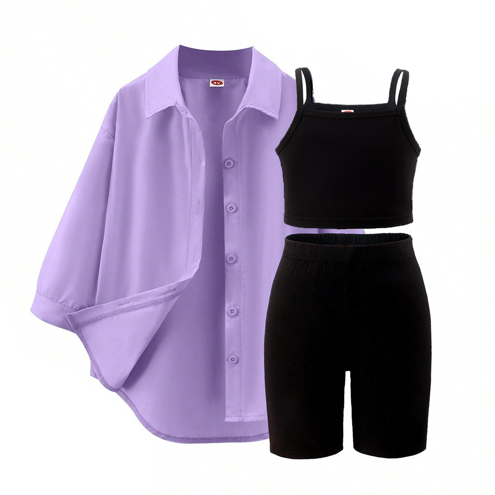 

Костюм для отдыха для девочек, весна-осень, детский однотонный комплект из трех предметов: подтяжки + брюки-квотер + куртка с длинными рукавами 7Y фиолетовый