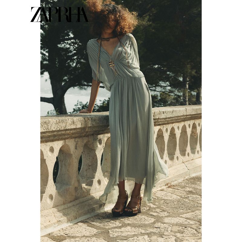 Zaprha 2025 Autumn New Fashion V-neck Pleat Dress Long Waist Hugging Slimming Temperament 2954285