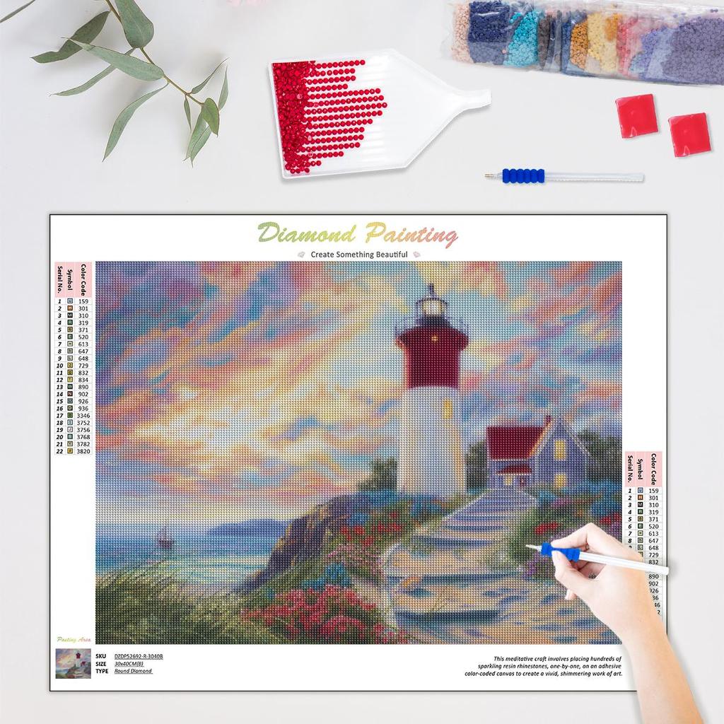 Diamond Painting Landscape Full Round Embroidery Lighthouse Mosaic Sea Cross Stitch Rhinestone Kits Home Decor 30x40cm/12x16inch