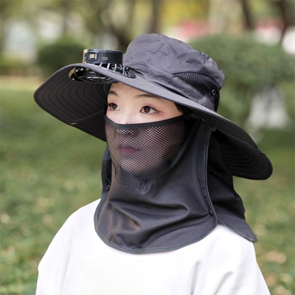 Neck Protection Sun Hat with Solar Fan Digital Display Screen Face Cover Bucket Hat  Hiking