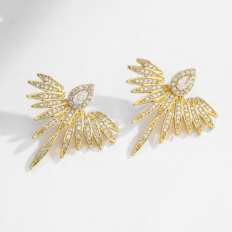 Elegant Cubic Zirconia Feather Earrings White Gold Color Crystal Zircon Statement Stud Earring Luxury Wedding Zircon