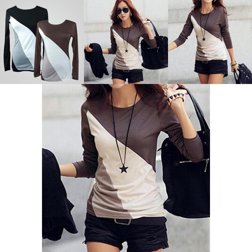 Korean Fashion Women Style Autumn Slim Fit Color Block Blouse Long Sleeve Shirt