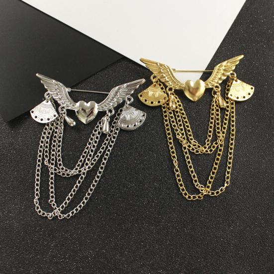 Retro Angel Wing Heart Shirt Suit Collar Tip Lapel Brooch Pin with Chain Tassel