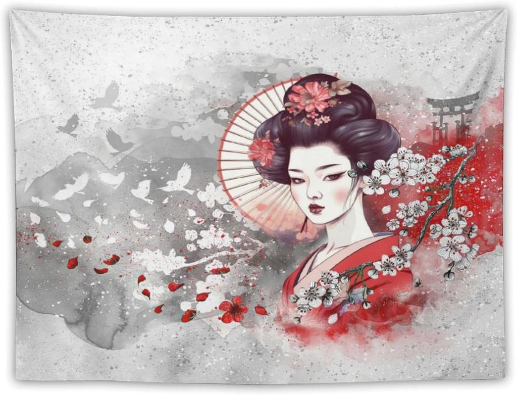 Japanese Red Geisha Tapestry Asian Cherry Blossom Traditional Kimono Folk Tapestries Home Decor Living Room Bedroom Apartment