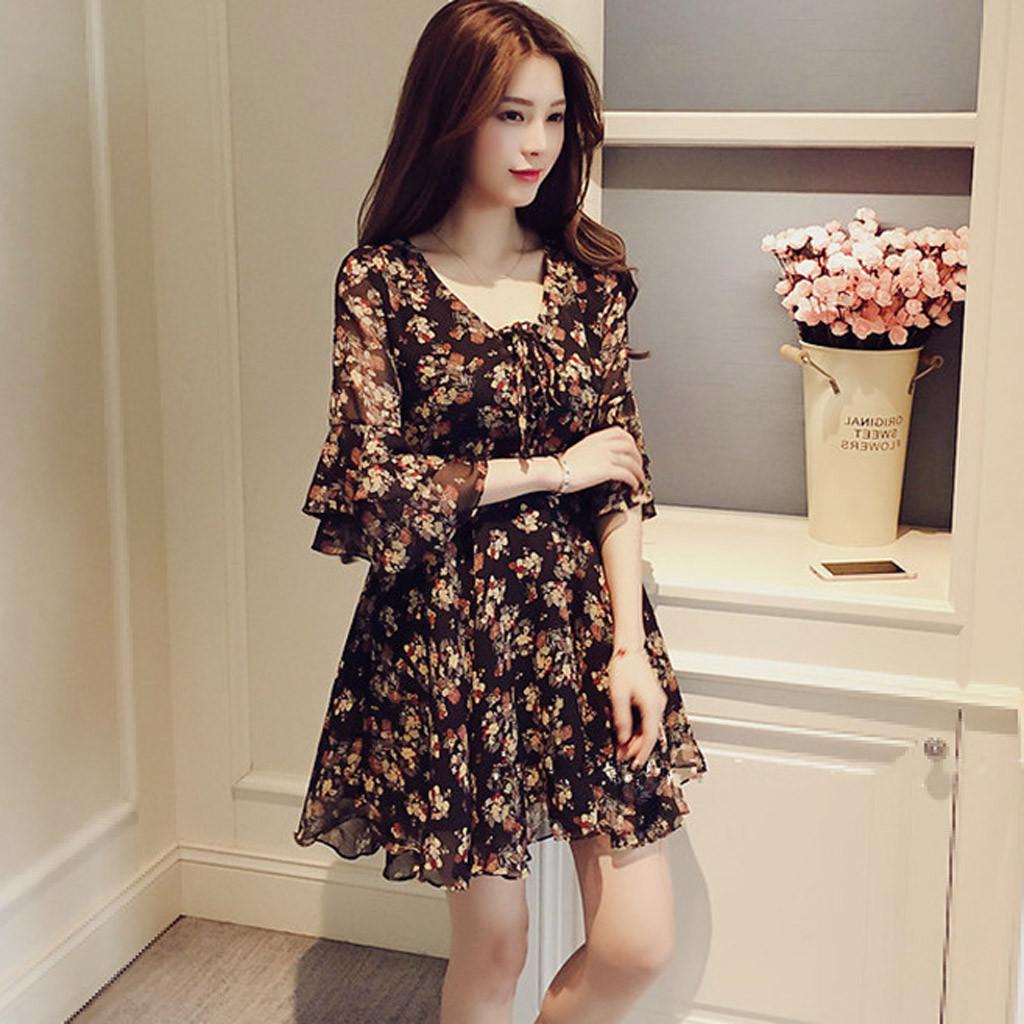 

Fashion Women V-Neck Three Quarter Sleeve Flare Sleeve Printed A-line Dress S чёрный