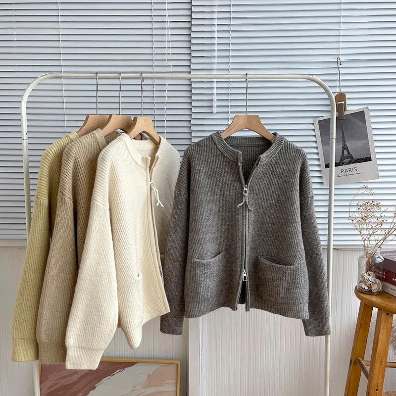 Doppelkopf-Reißverschluss Rundhals Strickjacke Top Weiche Strickjacke Pullover Damen Frühling und Herbst Neu Locker Tasche