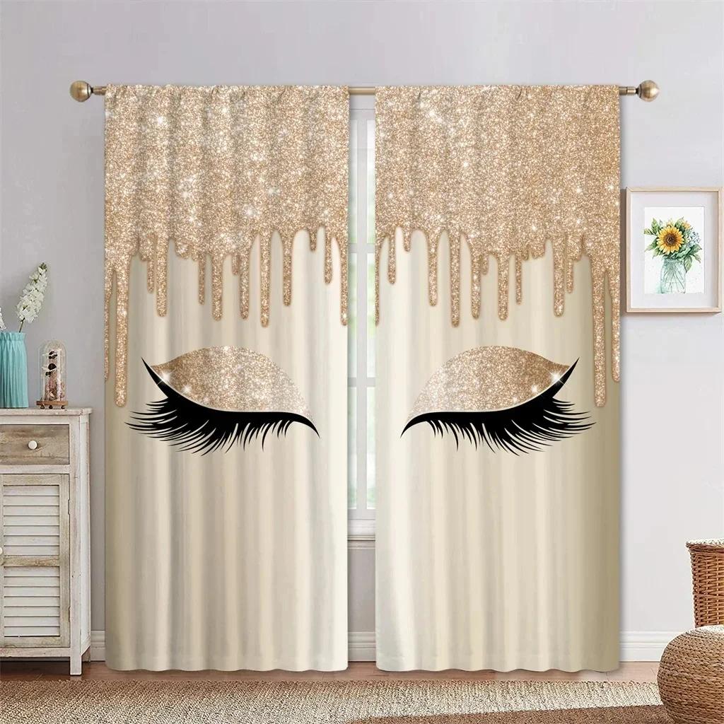 3D Pink Blue Yellow Eyelash Eyes Thin Shading Curtain for Living Room 2Pieces Kids Bedroom Children WindowsBathroom Decor Hooks for daily use