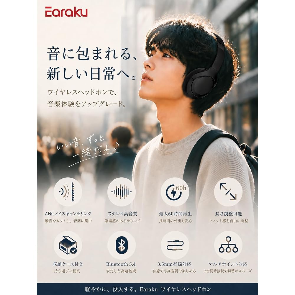 [Noise Reduction & Music Focus] Earaku Wireless Headphones Bluetooth 5.4 ANC Noise Cancelling / Up to 60 Hours Playback / Multipoint Support / Chargin