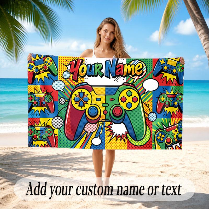 Game Controller Theme Beach Towel Personalized Custom Name & Text Soft Quick Dry Beach Towel for Swimming Travel