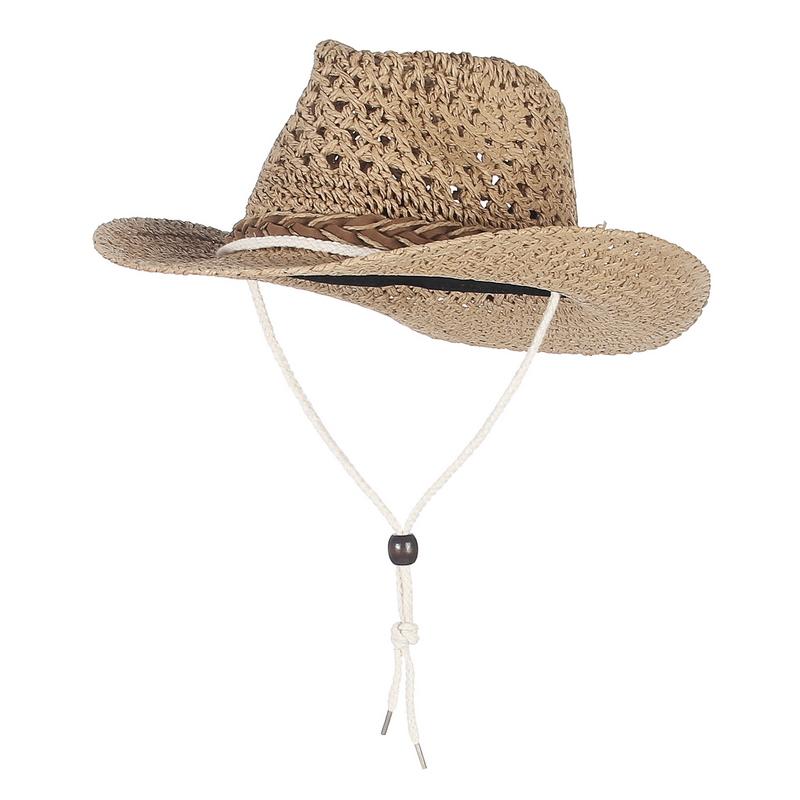

GEMVIE Child Summer Cowboy Hats Paper Straw Woven Wide Brim Hollow Out Straw Hat Wind Lanyard Unisex Beach Sun Hat 54-56cm хаки