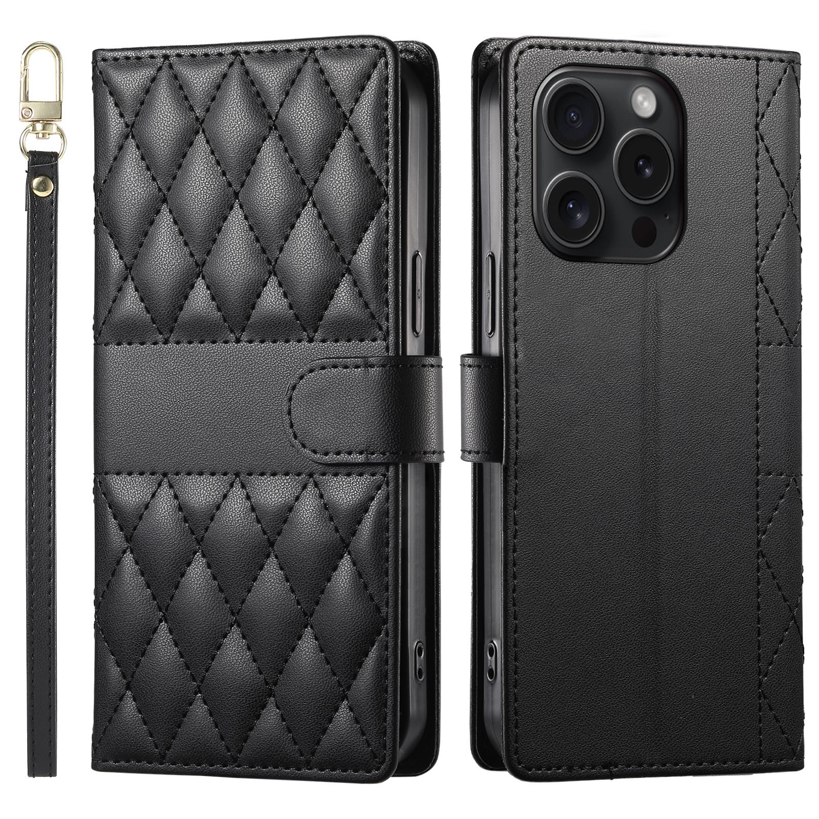 

For iPhone 15 Pro Case Rhombus Stitching Wallet Stand Leather Phone Cover with Long/Short Strap Black