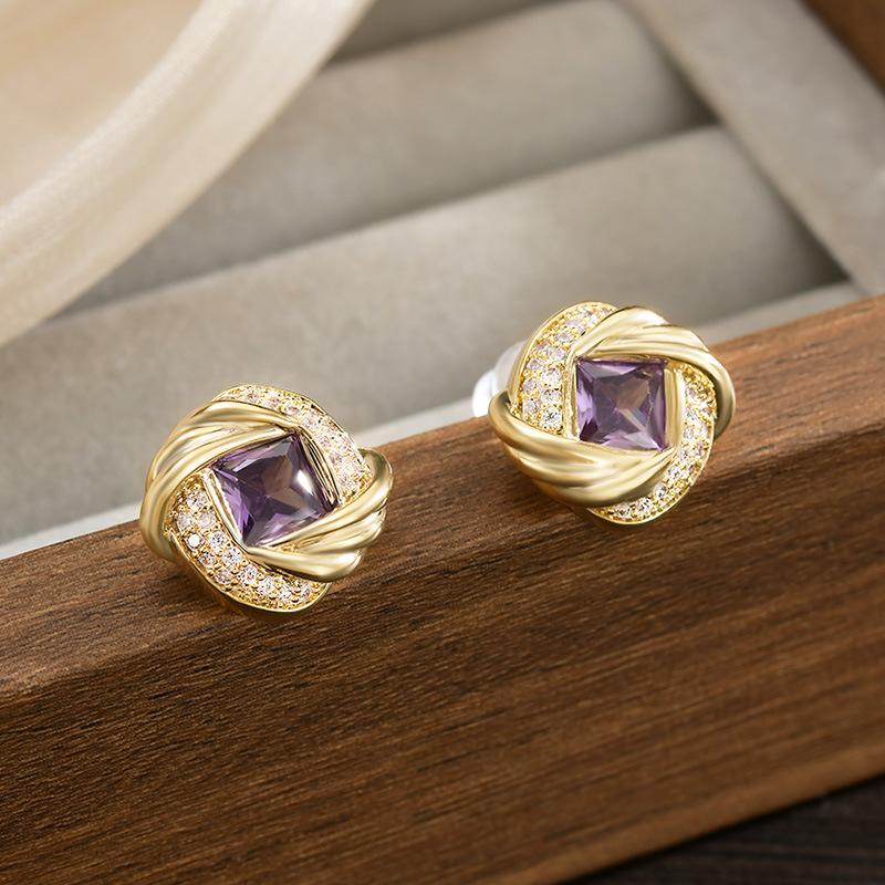 Retro Court Style Twist Purple Diamond Stud Earrings Commuter Versatile Diamond Light Luxury Earrings Gift