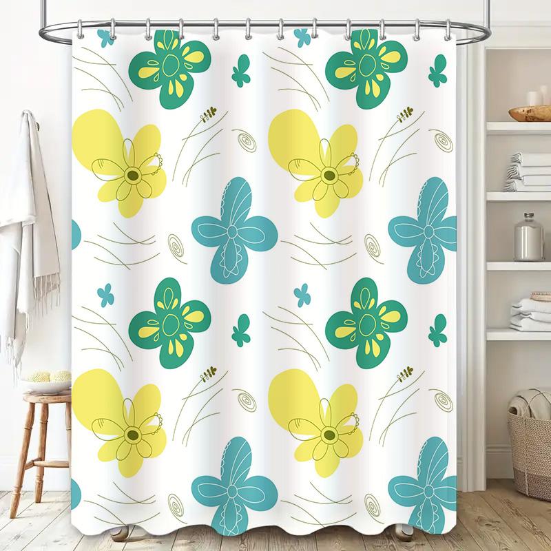 Yellow Butterfly Blue Flower Printed Shower Curtain Waterproof Bathroom Decor Shower Curtains for Home Decoration