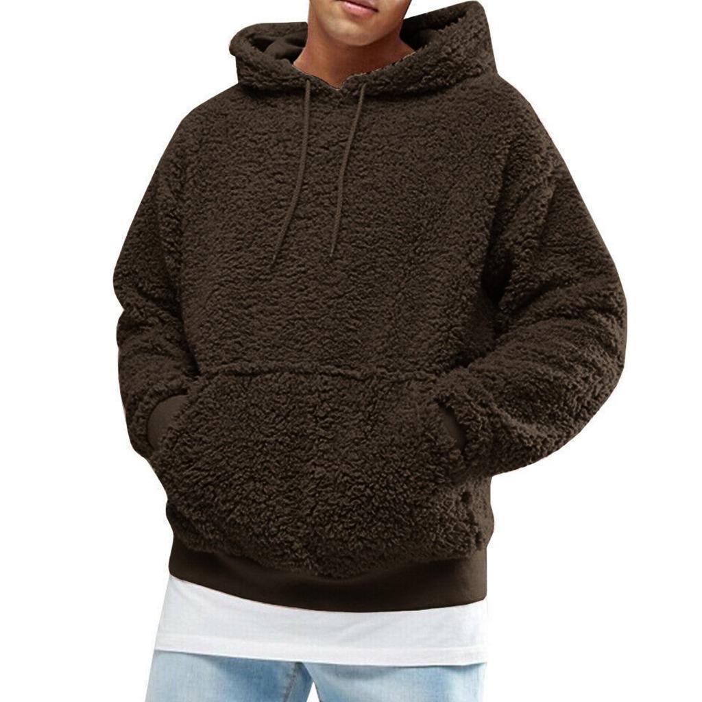 Autumn Winter Men's Sherpa Hoodie Fuzzy Pullover Winter Hoodie Polar Fleece Solid Color Hooded Long Sleeves Pullover Sweatshirt
