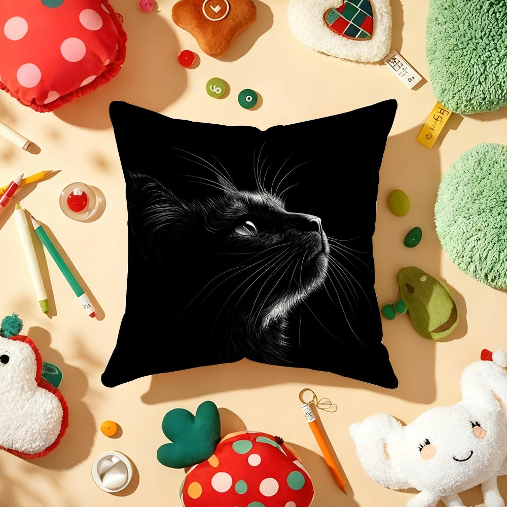 Black Cat Cute Kitty Cushion Cover Plush Fabric Soft Double-Sided Printed Sofa Warm Winter Home Gift Pillow Cover