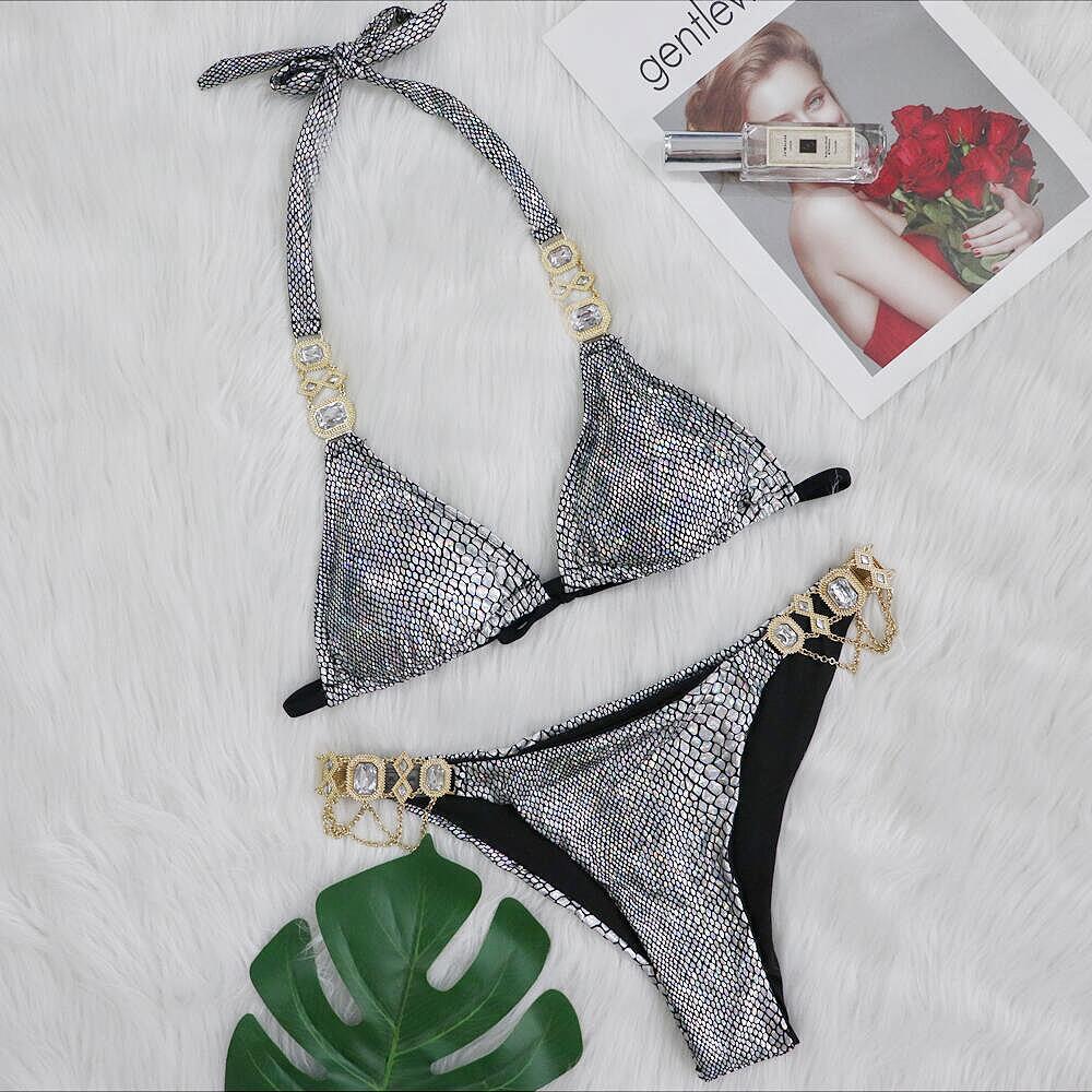 Evropské a americké sexy bikiny křišťálové plavky s diamantovým řetízkem s bronzovým hadím vzorem na popruhu