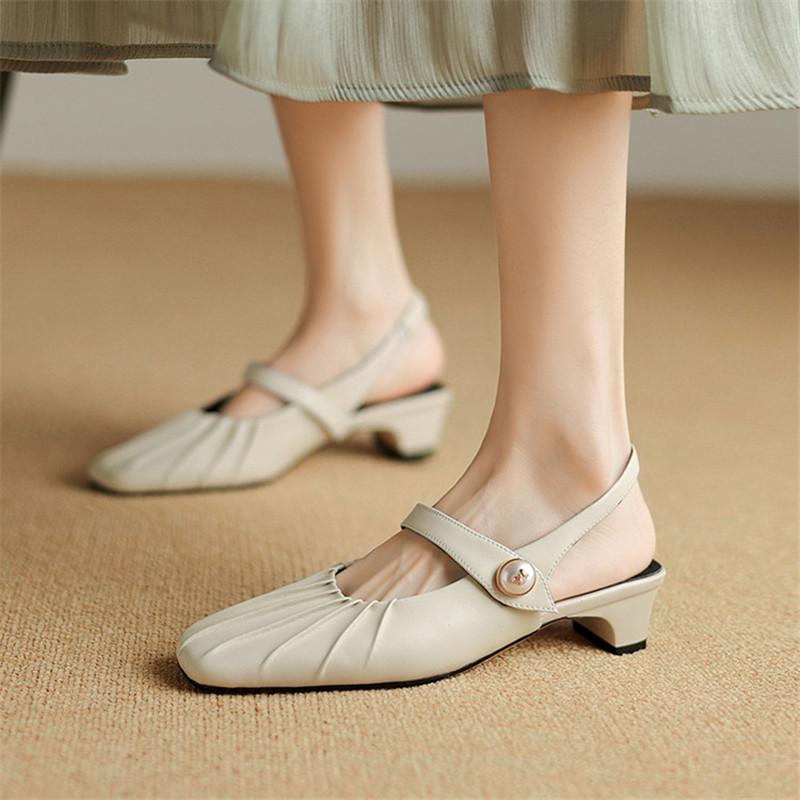 Fashion New Summer Sandals Split Leather Sandals for Women Fashion Square Toe Low Heels Cover Toe Sandals Ladies Shoes Casual Shoes