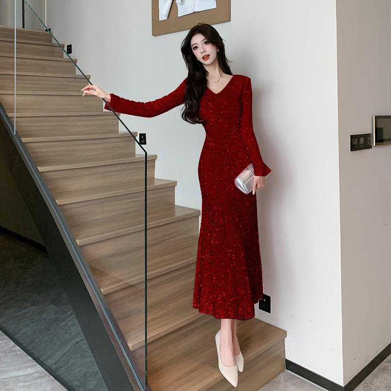 Women's V-Neck Long-Sleeve Sequin Fishtail Dress (2024 Autumn/Winter Collection)