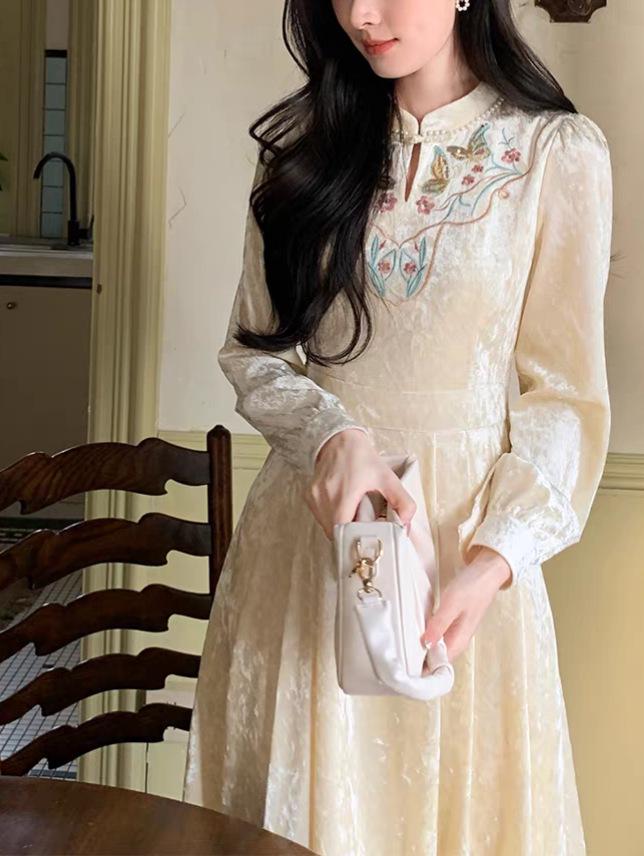 Yuli 2025 Autumn Chinese Style Elegant Slimming Waist Dress D0190 M абрикосовый