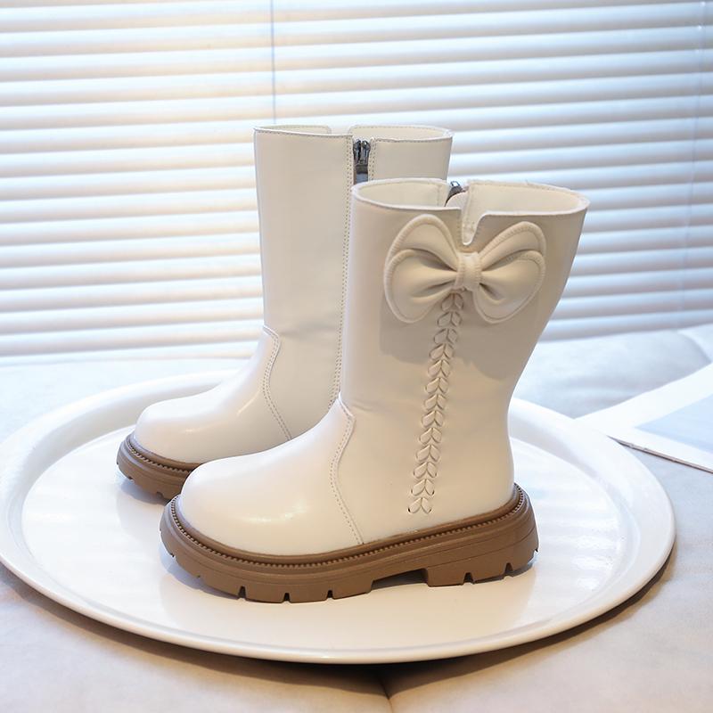 Fashion New Winter Girls Princess Cotton Boots Elegant Bowknot Children Causal Boots Fashion Black Versatile Kids Simple Mid-calf Boots