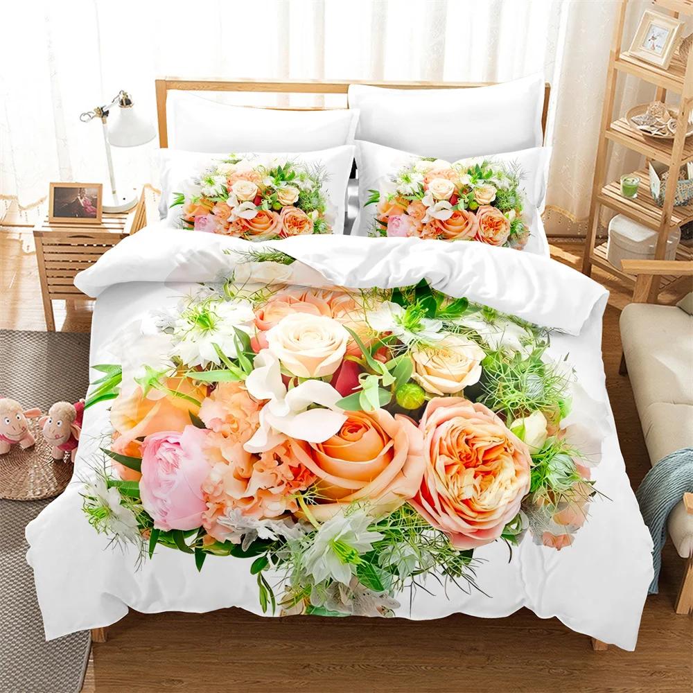 Comforter Rose Flower Bedding Set 4Pcs Pink Red 200X230 For Double Bed 3D Bedsheet 230X230 Full Size Thin Fabric