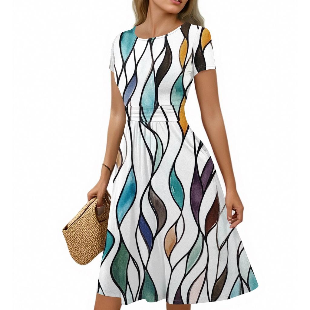 Women's Casual Fashion Round Neck Pleated Short Sleeve Retro Floral A-Line Midi Dress