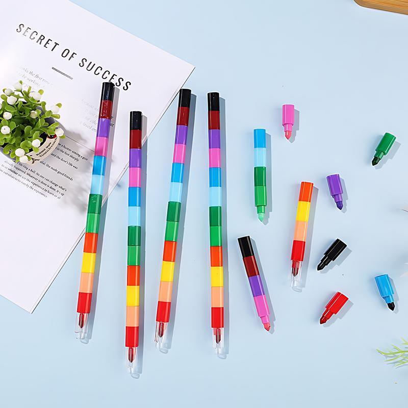 12-36PCS Stackable 12-Color Rainbow Building Blocks Crayon Painting Pen School Office Stationery Party Drawing Carnival Gift ZYF