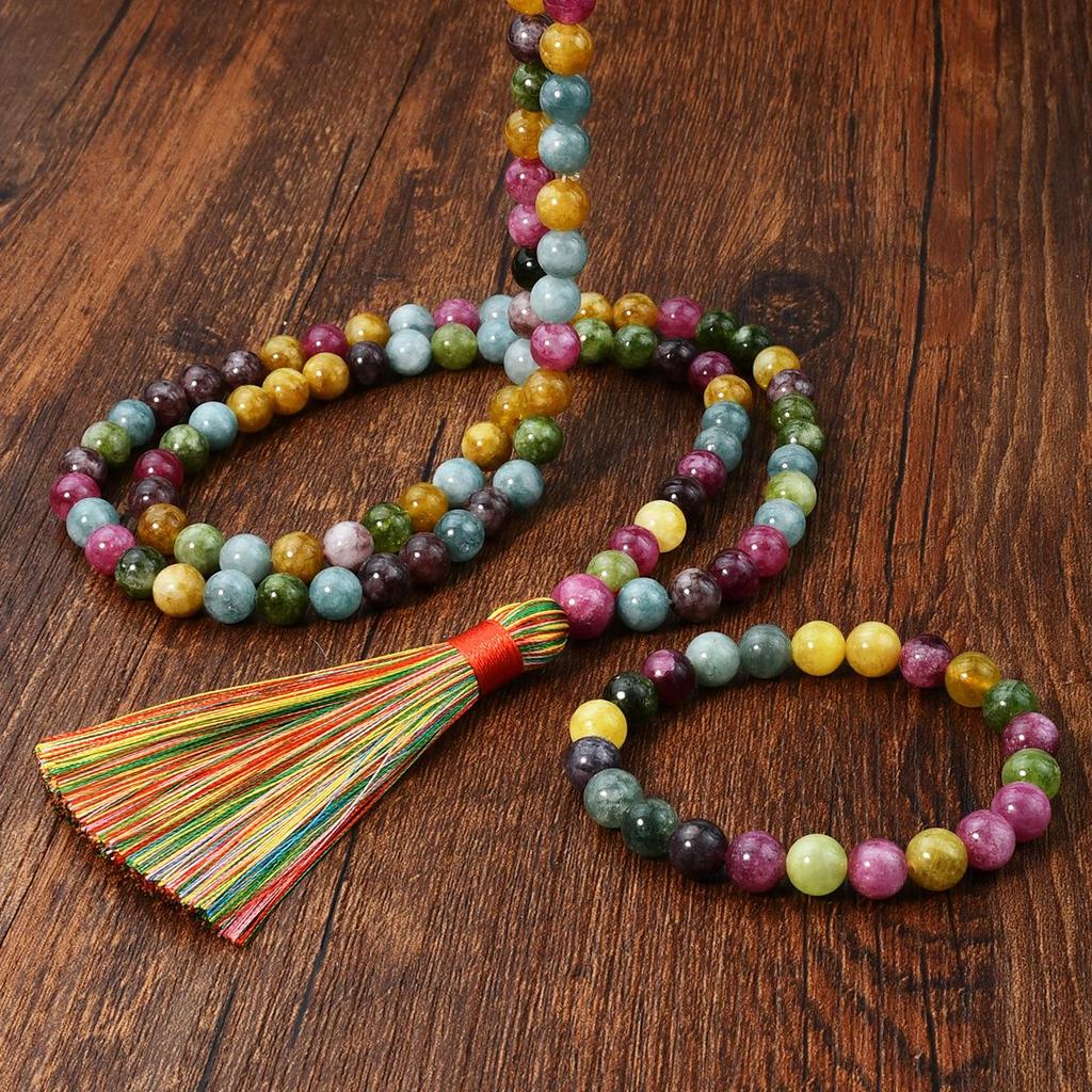 Cross-border Middle East Tourmaline Prayer Rosary: 99-Bead Bracelet with Colorful Tassel Mala Necklace.