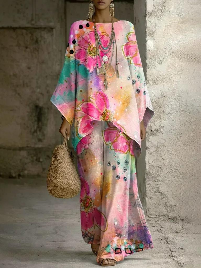 European and American retro bohemian suit exotic print loose top wide-leg pants temperament casual two-piece set