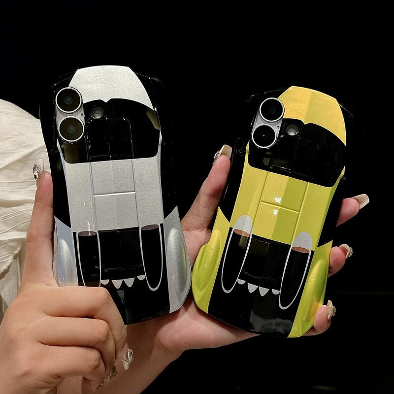 3D Car Shape Cool Glossy Phone Case For iPhone 16 Pro Max 15 Pro 14 13 12 11 Slim Hard PC Hybrid Silicone Soft Edge Shockproof Bracket Back Cover