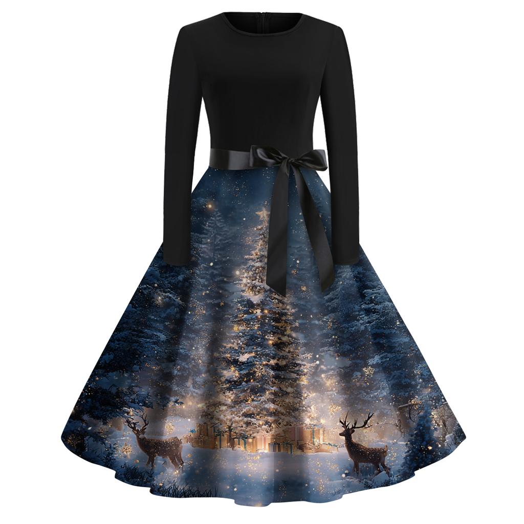 Rochie de damă la modă, rotundă, casual, slim fit, cu imprimeu de Crăciun, croială largă, cu mâneci lungi
