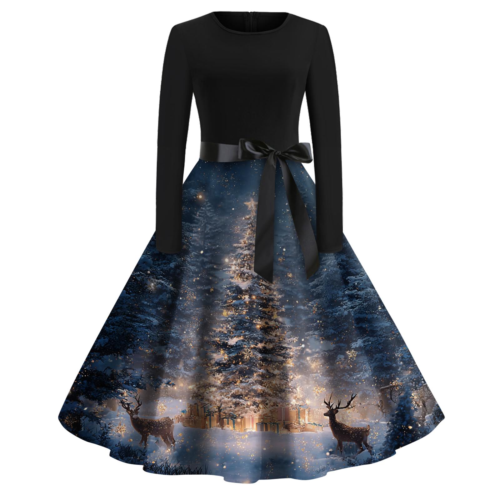 

Женское модное повседневное платье приталенного кроя с круглым вырезом, рождественским принтом и длинными рукавами XL небесно-голубой