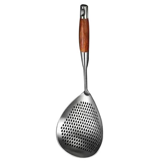 

Large Colander Ergonomic Wooden Handle Large Capacity Quick Drain Triangular Holes Stainless Steel 304 Food Grade Large Slotted Spoon 1pc
