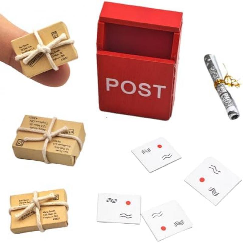 KEPKKU Christmas Elf Decor Accessories Set, 1:12 Scale Miniature Elf Mailbox/Newspaper/Envelopes, 9Pcs Mini Dollhouse Christmas Door Decor